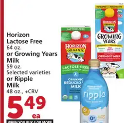 Albertsons Horizon Lactose Free 64 oz. or Growing Years Milk 59 oz. Selected varieties or Ripple Milk 48 oz offer