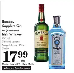 Pavilions Bombay Sapphire Gin or Jameson Irish Whiskey offer