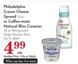 Pavilions Philadelphia Cream Cheese Spread 12 oz. or Coffee-mate Natural Bliss Creamer 32 oz offer