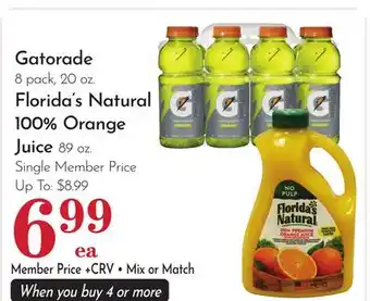 Pavilions Gatorade 8 pack, 20 oz. Florida's Natural 100% Orange Juice 89 oz offer