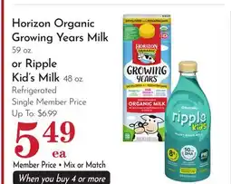Pavilions Horizon Organic Growing Years Milk 59 oz. or Ripple Kid's Milk 48 oz. Refrigerated offer