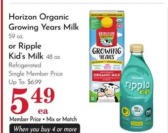 Pavilions Horizon Organic Growing Years Milk 59 oz. or Ripple Kid's Milk 48 oz. Refrigerated offer