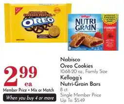 Pavilions Nabisco Oreo Cookies 10.68-20 oz., Family Size Kellogg's Nutri-Grain Bars 8 ct offer