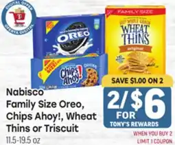 Tony’s Fresh Market Nabisco Family Size Oreo Chips Ahoy!, Wheat Thins or Triscuit offer
