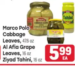 Tony’s Fresh Market Marco Polo Cabbage Leaves, 47.6 oz, Al Afia Grape Leaves, 16 oz, Ziyad Tahini, 16 oz offer