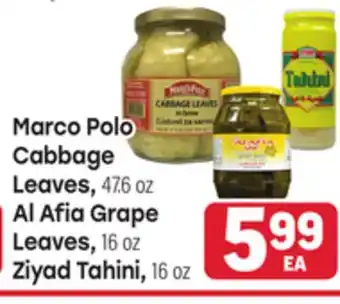 Tony’s Fresh Market Marco Polo Cabbage Leaves, 47.6 oz, Al Afia Grape Leaves, 16 oz, Ziyad Tahini, 16 oz offer
