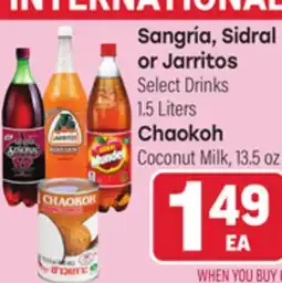 Tony’s Fresh Market Sangría, Sidral or Jarritos Select Drinks 1.5 Liters, Chaokoh Coconut Milk, 13.5 oz offer