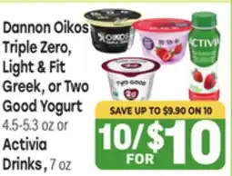 Tony’s Fresh Market Dannon Oikos Triple Zero, Light & Fit Greek, or Two Good Yogurt 4.5-5.3 oz or Activia Drinks, 7 oz offer