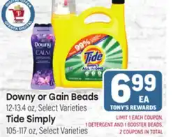Tony’s Fresh Market Downy or Gain Beads 12-13.4 oz, Tide Simply 105-117 oz offer