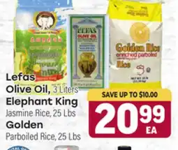 Tony’s Fresh Market Lefas Olive Oil, 3 Liters Elephant King Jasmine Rice, 25 Lbs Golden Parboiled Rice, 25 Lbs offer