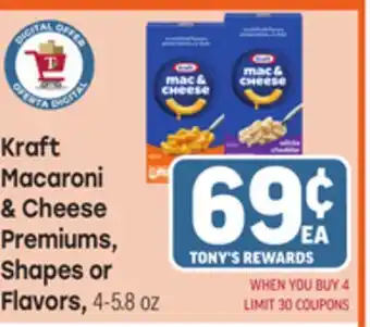 Tony’s Fresh Market Kraft Macaroni & Cheese Premiums, Shapes or Flavors offer