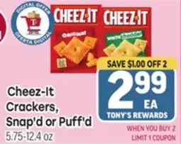 Tony’s Fresh Market Cheez-It Crackers, Snap'd or Puff'd offer