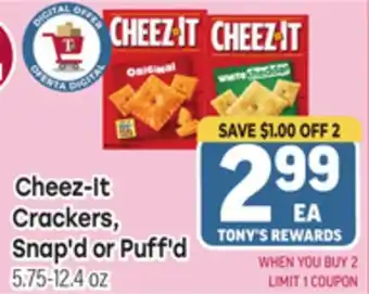 Tony’s Fresh Market Cheez-It Crackers, Snap'd or Puff'd offer