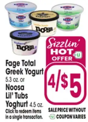 Jewel-Osco Fage Total Greek Yogurt 5.3 oz. or Noosa Lil' Tubs Yoghurt 4.5 oz offer