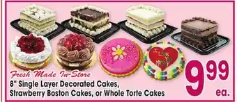 Jewel-Osco 8 Single Layer Decorated Cakes, Strawberry Boston Cakes, or Whole Torte Cakes offer