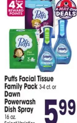 Jewel-Osco Puffs Facial Tissue Family Pack 3-4 ct. or Dawn Powerwash Dish Spray 16 oz offer