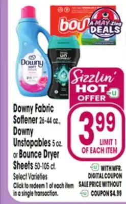 Jewel-Osco Downy Fabric Softener 26-44 oz., Downy Unstopables 5 oz. or Bounce Dryer Sheets 50-105 ct offer