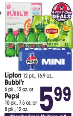 Jewel-Osco Lipton 12 pk., 16.9 oz., Bubbl'r 6 pk., 12 oz. or Pepsi 10 pk., 7.5 oz. or 8 pk., 12 oz offer