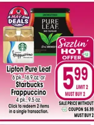 Jewel-Osco Lipton Pure Leaf 6 pk., 16.9 oz. or Starbucks Frappuccino 4 pk., 9.5 oz offer