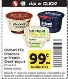 Safeway Chobani Flip, Creations or Protein Greek Yogurt offer