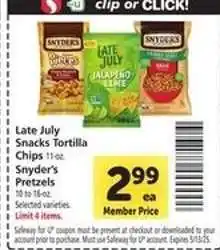 Safeway Late July Snacks Tortilla Chips / Snyder's Pretzels offer