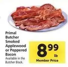 Safeway Primal Butcher Smoked Applewood or Peppered Bacon offer