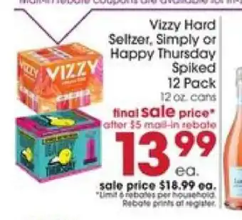 Giant Eagle Vizzy Hard Seltzer, Simply or Happy Thursday Spiked offer