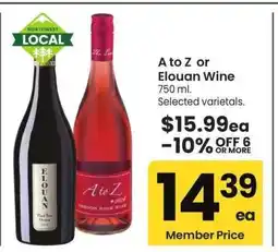 Albertsons A to Z or Elouan Wine - 750 ml. Selected varietals offer