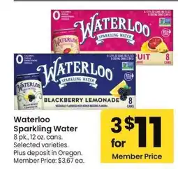 Albertsons Waterloo Sparkling Water - 8 pk., 12 oz. cans. Selected varieties. Member Price: $3.67 ea offer