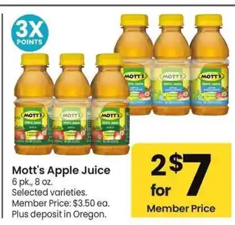 Albertsons Mott's Apple Juice - 6 pk., 8 oz. Selected varieties. Member Price: $3.50 ea offer