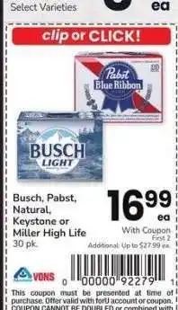 Albertsons Busch, Pabst, Natural, Keystone or Miller High Life - 30 pk offer