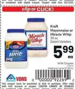 Albertsons Kraft Mayonnaise or Miracle Whip - 30 oz. Select Varieties offer