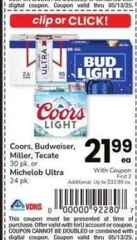 Albertsons Coors, Budweiser, Miller, Tecate 30 pk. or Michelob Ultra 24 pk offer