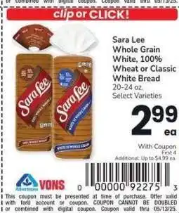 Albertsons Sara Lee Whole Grain White, 100% Wheat or Classic White Bread - 20-24 oz. Select Varieties offer