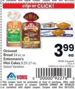 Albertsons Oroweat Bread 24 oz. or Entenmann's Mini Cakes 9.25-17 oz. - Select Varieties offer