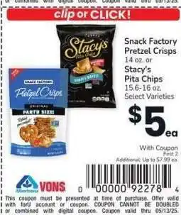 Albertsons Snack Factory Pretzel Crisps 14 oz. or Stacy's Pita Chips 15.6-16 oz. - Select Varieties offer