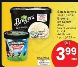 Albertsons Ben & Jerry's 14.4-16 oz. or Breyers Ice Cream 48 oz. - Select Varieties offer