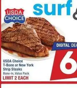 Albertsons USDA Choice T-Bone or New York Strip Steaks - Bone - In, Value Pack offer
