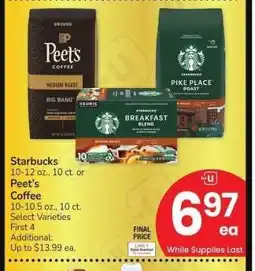 Albertsons Starbucks 10-12 oz., 10 ct. or Peet's Coffee 10-10.5 oz., 10 ct. - Select Varieties offer