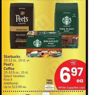 Albertsons Starbucks 10-12 oz., 10 ct. or Peet's Coffee 10-10.5 oz., 10 ct. - Select Varieties offer