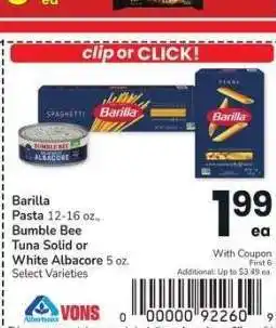 Albertsons Barilla Pasta 12-16 oz., Bumble Bee Tuna Solid or White Albacore 5 oz. - Select Varieties offer
