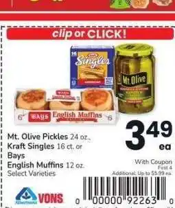 Albertsons Mt. Olive Pickles 24 oz., Kraft Singles 16 ct. or Bays English Muffins 12 oz. - Select Varieties offer