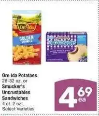 Albertsons Ore Ida Potatoes 26-32 oz. or Smucker's Uncrustables Sandwiches 4 ct. 2 oz. - Select Varieties offer
