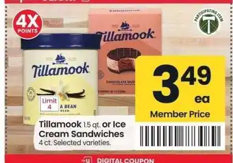 Albertsons Tillamook 1.5 qt. or Ice Cream Sandwiches 4 ct. - Selected varieties offer