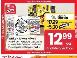 Albertsons White Claw or Mike's Hard Lemonade - 12 pk., 12 oz. cans or btls. Selected varieties offer