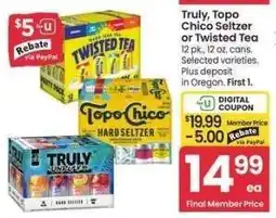 Albertsons Truly, Topo Chico Seltzer or Twisted Tea - 12 pk., 12 oz. cans. Selected varieties offer