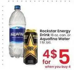 Albertsons Rockstar Energy Drink* 16 oz. can or Aquafina Water 1 ltr. btl offer