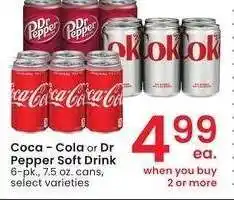 Albertsons Coca-Cola or Dr Pepper Soft Drink - 6 - pk., 7.5 oz. cans, select varieties offer