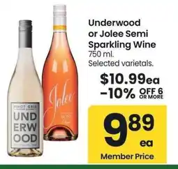 Albertsons Underwood or Jolee Semi Sparkling Wine - 750 ml. Selected varietals offer