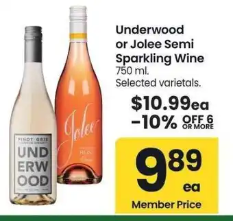 Albertsons Underwood or Jolee Semi Sparkling Wine - 750 ml. Selected varietals offer